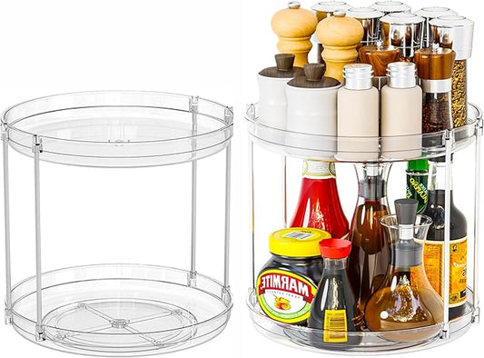 2 Tier Lazy Susan Turntable for Cabinet,Countertop,Pantry,9.5"W Spinning Seasoning Organizer,Double Rotating Kitchen Spice Rack Organizer and Condiments,Medicine,Vitamin Bottle Organizer Carousels,2Pc-NeatNest