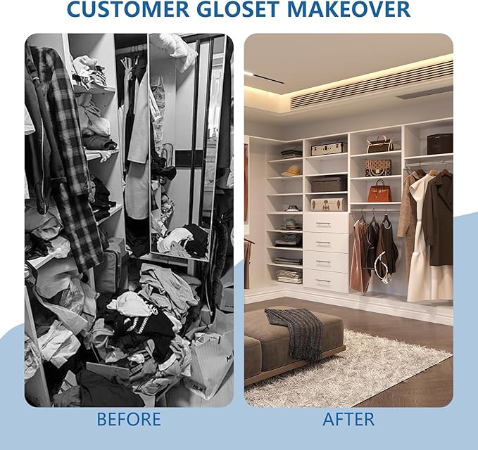 2 Drawer Short Tower Closet Unit, Modular Closet System, Wood Closet System Organizer with Storage for Walk In Closets, Clothing Rack Closet for Hanging Clothes, Bedroom, White, 25.5"W