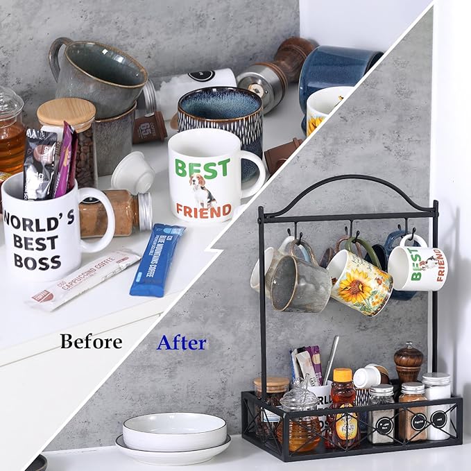 Coffee Mug Holder, 6 Big Capacity Cup Holder for Countertop, Cup Rack Organizer,Mug Tree with Storage Base for Coffee Bar Accessories (Large)-NeatNest
