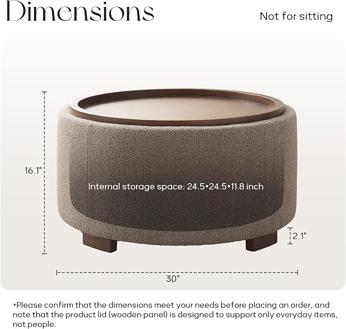 30 Inch Round Storage Ottoman Coffee Table, Modern Boucle Ottoman with Lift-Off Lid and Solid Wood Legs for Living Room, Bedroom, Corners, Apartments (Brown)