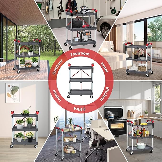 Folding Service Cart Collapsible 3 Tier Cart Portable Utility Service Cart with Wheels Aluminum Lightweight Push Cart for Office Warehouse, Home, Bar