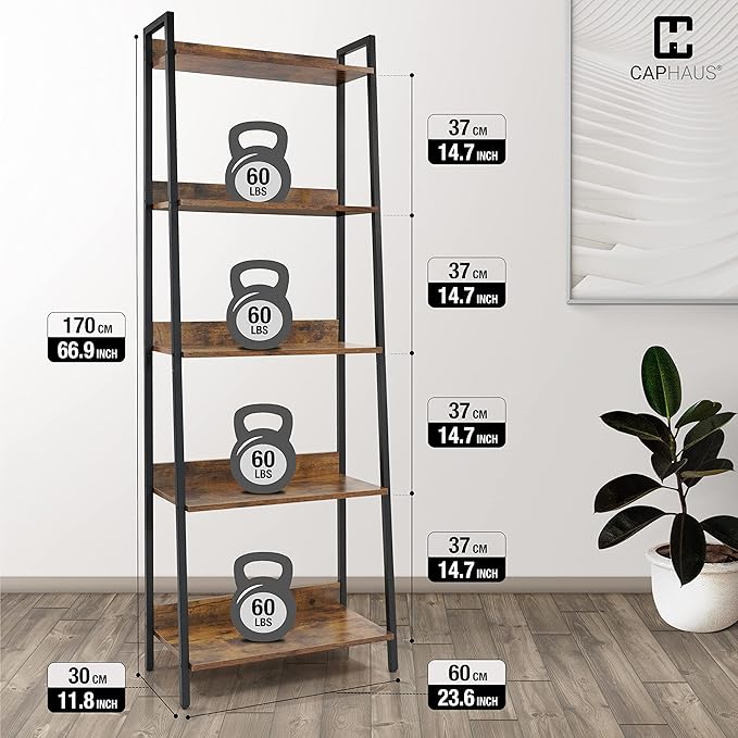 CAPHAUS 5 Tier Ladder Bookshelf, 24 Inch Width Free Standing Shelf, Bookcase Shelf Storage Rack Organizer, Industrial Book Shelves for Home Office, Living Room, Kitchen, Rustic Oak, Vintage Shelves-NeatNest