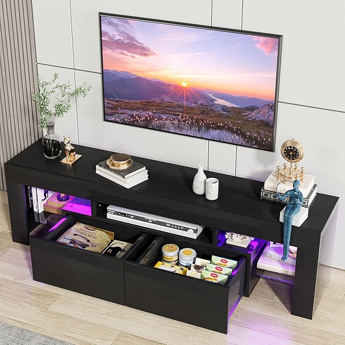 JUMMICO TV Stand, Modern Lighting TV Cabinet Entertainment Center Media and Open Shelf, TV Console Table with 1 Drawer and Remote Control, 20 Color LED Lights up to 70 Inch TV (Black)-NeatNest