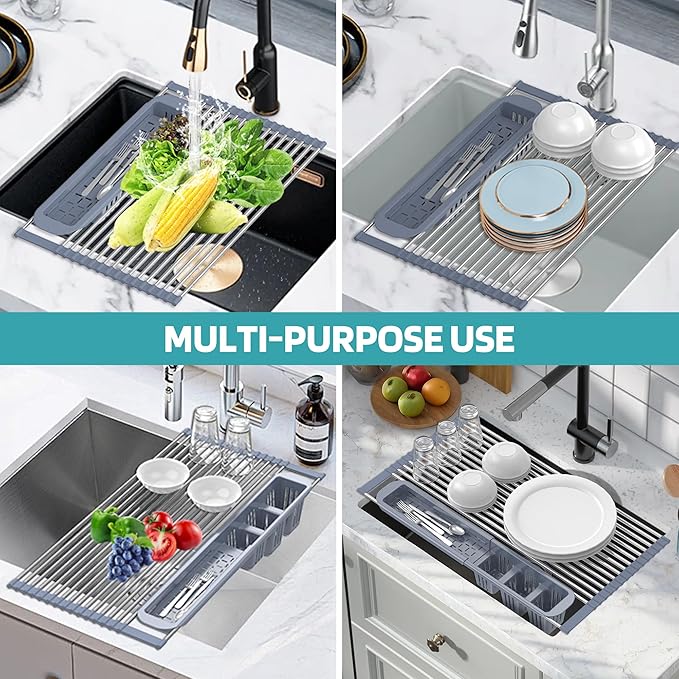 BBXTYLY Expandable Roll Up Dish Drying Rack,Over The Sink Drying Rack Kitchen Sink Accessories Rolling up Stainless Steel Drainer, Foldable with Removable Utensil Holder(Gray Expandable Width Size)