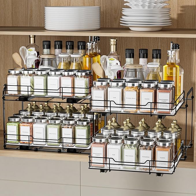 2-Tier Spice Rack Organizer, Pull Out Spice Rack for Cabinet, Height Adjustable Heavy Duty Metal Basket for Inside Cabinet & Pantry (11.5''Wx10.5''Dx9.5''H)-NeatNest