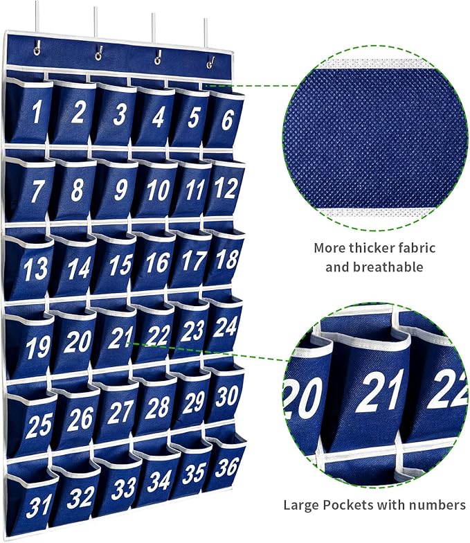 36 Pockets Blue Numbered Classroom Pocket Chart for Cell Phones, Hanging Pocket Chart Storage for Classroom Phone Calculator Holder with 4 Stainless Steel Hooks (Blue-36pockets)-NeatNest