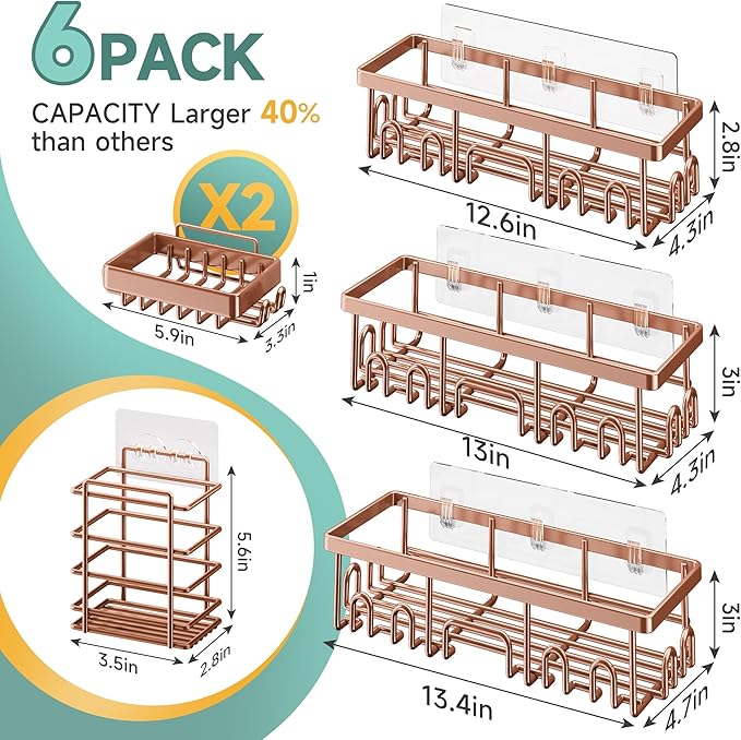 Veken Shower Caddy 6-Pack, No Drilling & Rustproof, Waterproof Adhesive Shelves Rack with Soap Holder, Large Capacity Bathroom Organizers and Storage, Wall-Mounted Kitchen & Home Decor-NeatNest