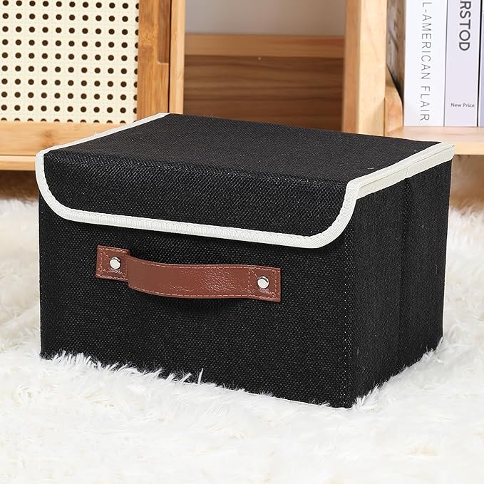 ANMINY 2PCS Storage Bins with Lid PU Leather Handles Storage Boxes PP Plastic Board Decorative Foldable Lidded Cotton Linen Fabric Home Cubes Baskets Closet Organizer Containers - Black, Large Size-NeatNest
