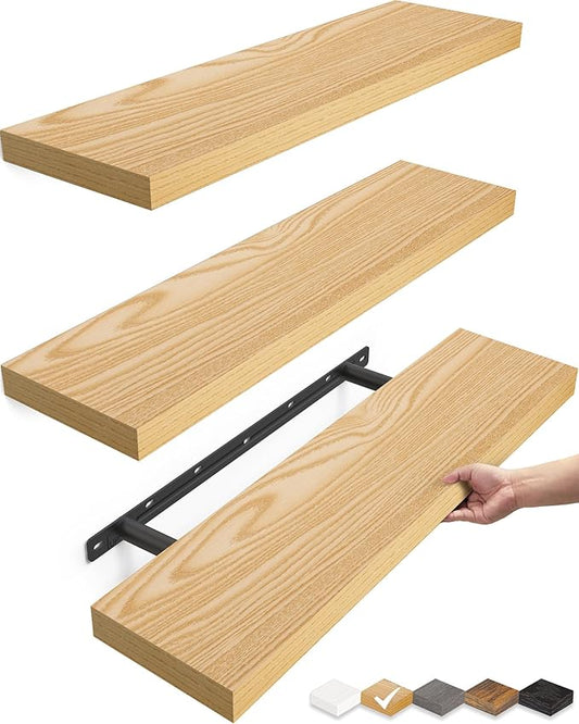 BAYKA Floating Shelves for Wall, 22.5 inches Wall Mounted Rustic Wood Shelves for Bathroom, Bedroom, Living Room, Floating Shelves for Books/Storage/Decor (Oak-Toned,Set of 3)-NeatNest