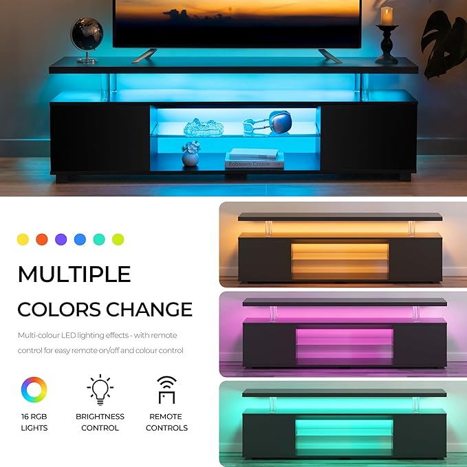 Black TV Stand 65 inch,LED TV Stand for Living Room,Glass Entertainment Center TV Stand, TV Console Tables for Living Room,Bedroom,Home Office-NeatNest