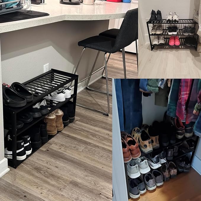 Bamboo Shoe Rack for Closet, Stackable 3 Tier Longer Shoe Organizer Shelf Holder Storage 12-15 Pairs for Entryway Door Hallway Bedroom Garage Space Saving Foldable Black-NeatNest
