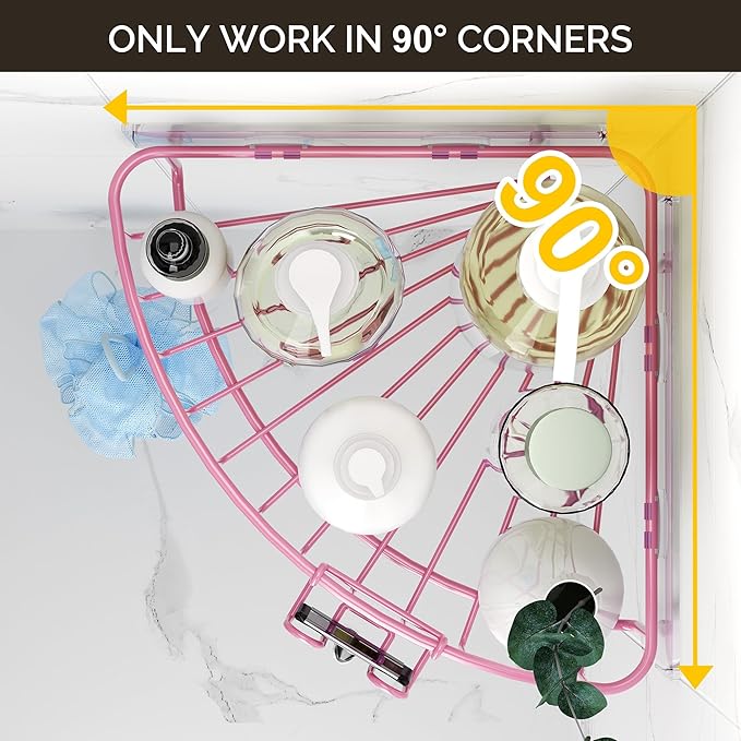 Orimade Corner Shower Caddy with 2 Hooks Wall Mounted Metal Bathroom Shelf Storage Organizer Adhesive No Drilling 2 Pack, Pink Only for 90-Degree Corner