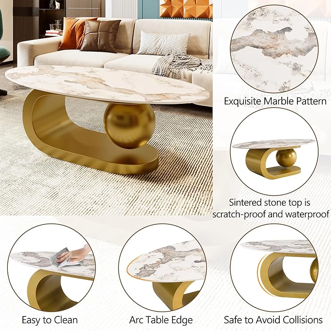 47.2" Modern Oval Coffee Table Marble Pattern Sintered Stone Tabletop Gold Stainless Steel Base End Tables Center Table Sofa Table for Living Room Office Bedroom Balcony, White & Gold