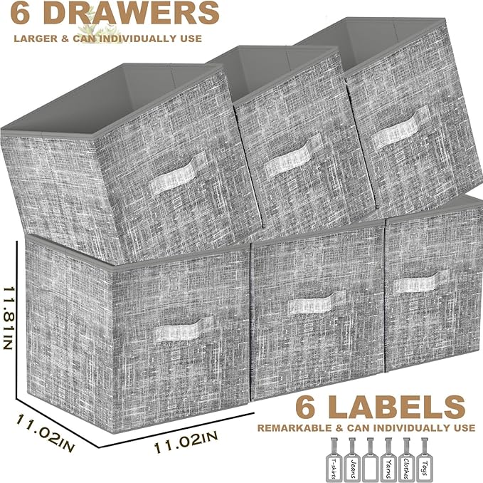 Cube Storage Organizer Shelf with 6 Printed Bins + Labels, Cubby Storage Organizer with Bins, Large Capacity Shelves for Storage,Closet, Living Room, Dorm, Yarn-NeatNest