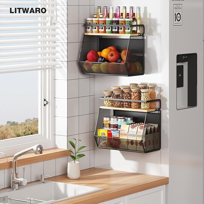 Magnetic Shelf for Fridge with Wide & Thick Magnet, 2 Pack Refrigerator Organizer Basket with Bamboo Top, Storage for Fruit, Potato, Onion, Kitchen, Pantry, Laundry (Black, 13.8" x 6.8" x 11.8")