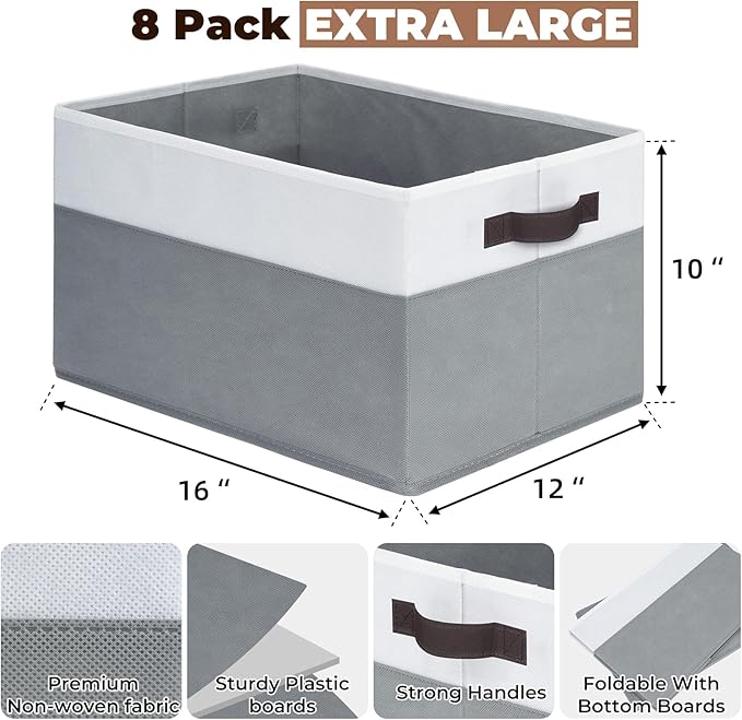 Criusia 8 Pack Closet Organizers and Storage Bins - Extra Large Storage Baskets for Organizing - Clothes Storage Bins for Shelves -Foldable Organizer Bins Totes for Toy Blanket, Dorm Room Essentials-NeatNest