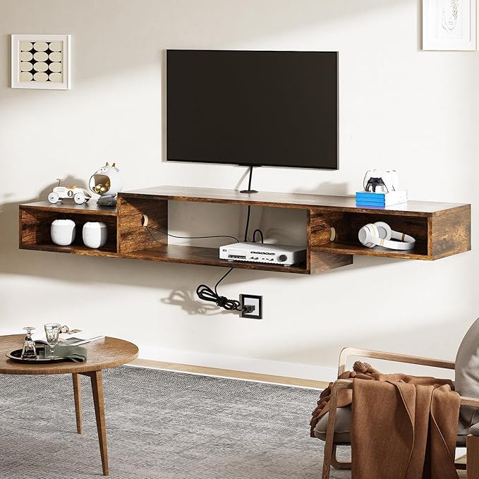 4 EVER WINNER Floating TV Shelf with LED Lights and Power Outlet, 59" TV Stand for Cable Box Audio Video, Floating Entertainment Center for Living Room, Bedroom, Rustic Brown-NeatNest