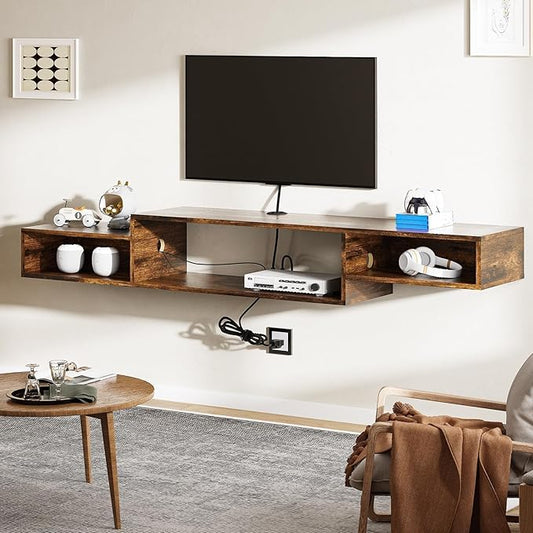 4 EVER WINNER Floating TV Shelf with LED Lights and Power Outlet, 59" TV Stand for Cable Box Audio Video, Floating Entertainment Center for Living Room, Bedroom, Rustic Brown-NeatNest