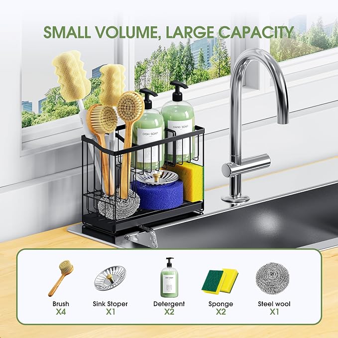 2 Tier Sponge Holder for Kitchen Sink Caddy with High Brush Holder, Kitchen Countertop Organizer and Storage Essential, Soap Dispenser Organize with Drain Tray-NeatNest