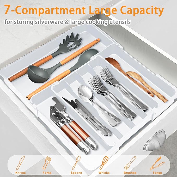 Homecor Silverware Drawer Organizer, Adjustable Kitchen Drawer Organizer, Expands from 4 to 7 Slots, Non-Slip BPA-Free Flatware Cutlery Utensil Holder for Forks Knives Spoons and Kitchen Utensil,White-NeatNest
