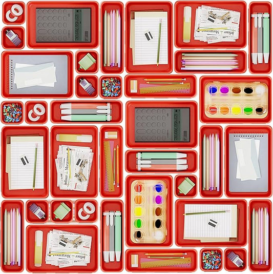 45 Pack Desk Drawer Organizer Tray, 3 Sizes Plastic Drawers Organizer Storage for Kitchen, Bathroom, Office, Vanity, Makeup, Utensils, Junk Drawer Organizer Bins, Gadget Trays for Organizing, Red-NeatNest