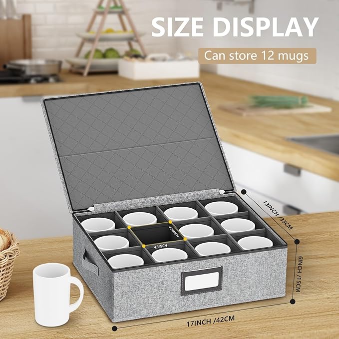 homyfort Coffee Mug Storage Box with Dividers, Durable China Storage Containers for Coffee Mugs, Tea Cups Storage Organizer (Grey) (Mug Storage Box)-NeatNest
