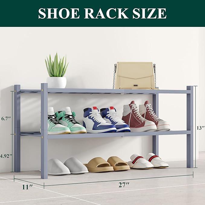 Smiry Shoe Rack, 2 Tier Bamboo Shoe Organizer, Stackable Free Standing Wooden Shoe Storage Shelf for Closet, Entryway, Front Door Entrance, Grey-NeatNest