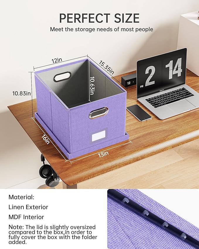 2 Pack File Storage Organizer, Filing Box, Portable File Box with Lid, Fit for Letter/Legal File Folder Storage, Document Organizer, Lavender
