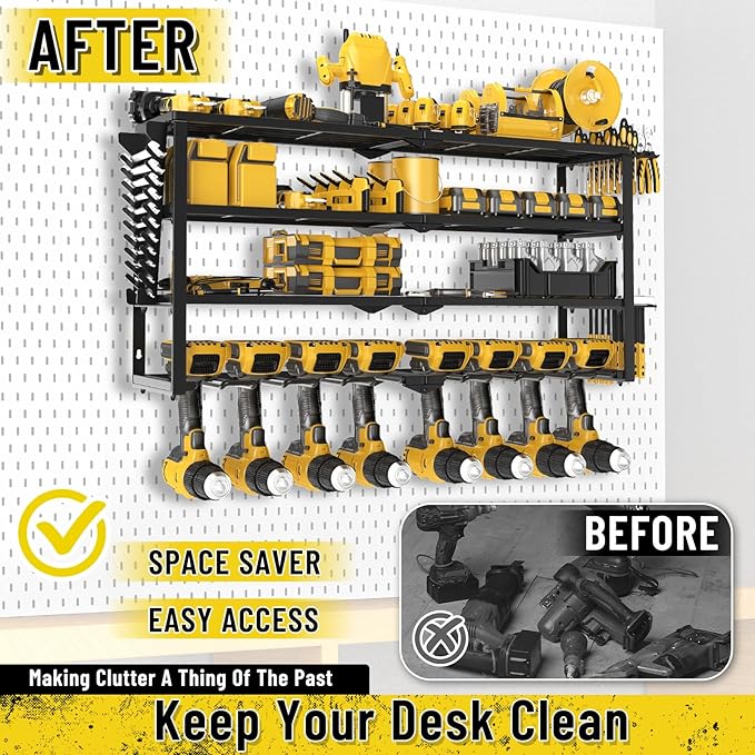 Heavy Duty Power Tool Organizer Wall Mount, Cordless Drill Hanger Storage Rack, Battery Tool Holder Utility Rack with Side Wrench Rack for Garage Workshop-32 Inch 8 Slots
