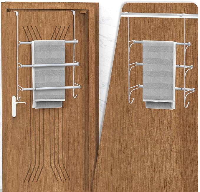 Auledio Adjustable Over The Door Triple Towel Rack with Hooks,Silver