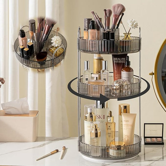 Rotating Makeup Organizer for Vanity, High-Capacity Skincare Clear Make Up Storage Perfume Organizers Cosmetic Dresser Organizer Countertop 360 Spinning (Gray, New-3 Tier)-NeatNest