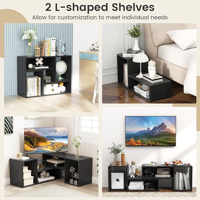 Giantex Bookshelf TV Stand for TVs up to 55", 2 Pieces Free-Combination Entertainment Center with Storage Cubes, Modern Media TV Console Table, Open Storage Bookcase for Living Room, Bedroom (Black)-NeatNest
