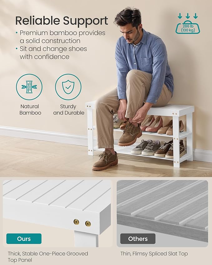 SONGMICS Shoe Rack Bench, 3-Tier Bamboo Shoe Storage Organizer, Entryway Bench, Holds Up to 286 lb, 11.3 x 35.4 x 17.8 Inches, for Entryway Bathroom Bedroom, Cloud White ULBS090W01-NeatNest