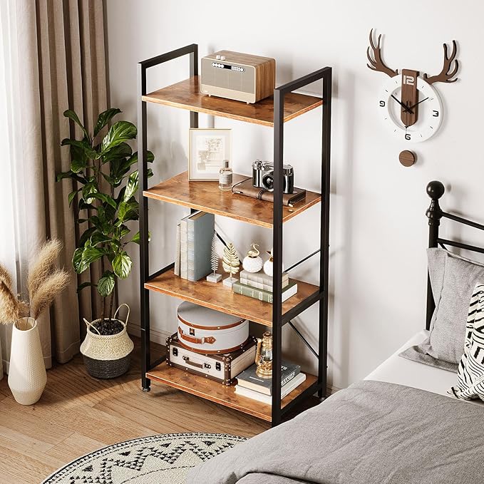 Casaottima Book Shelf, 4 Tier Bookshelf, Modern Wood Bookcase Shelves for Bedroom, Industrial Display Shelf for Living Room Home Office Kitchen, Standing Shelving Unit Storage Organizer, Vintage-NeatNest