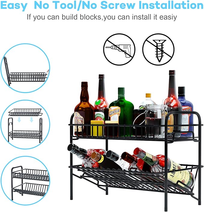 HengLiSam Spice Rack Organizer for Countertop, Heavy Duty Full Solid Metal Kitchen Shelves, 2 Tier Liquor Shelves Freestanding Holder Storage for Kitchen Cabinet Pantry Bottle Rack for Bathroom, Black-NeatNest
