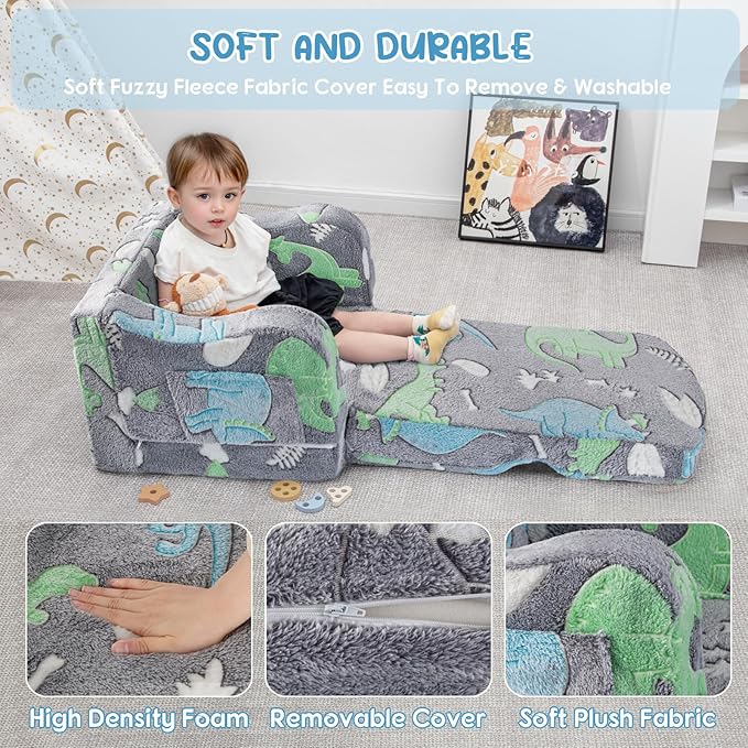 Comfy Toddler Chair and Couch for Kids with Blanket,2-in-1 Soft Plush Fold Out Toddler Couch for Girls and Boys,Convertible Sofa to Lounger for Playroom,Gray Dinosaur-NeatNest