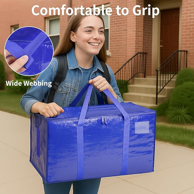 Extra Large Heavy Duty Moving Bags - Waterproof Storage Totes with Reinforced Handles & Zippers, Foldable for College Dorm Essentials, Clothes Storage & Travel (12-Pack Blue)