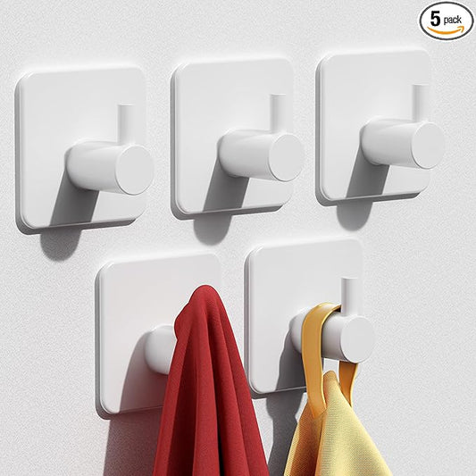 Adhesive Hooks Heavy Duty 30lb(Max) Wall Hooks, 5 Pack Self Adhesive Damage Free Towel Rack, Stainless Steel for Coat Robe, Waterproof Oilproof Rustproof for Bathroom Shower Kitchen Office