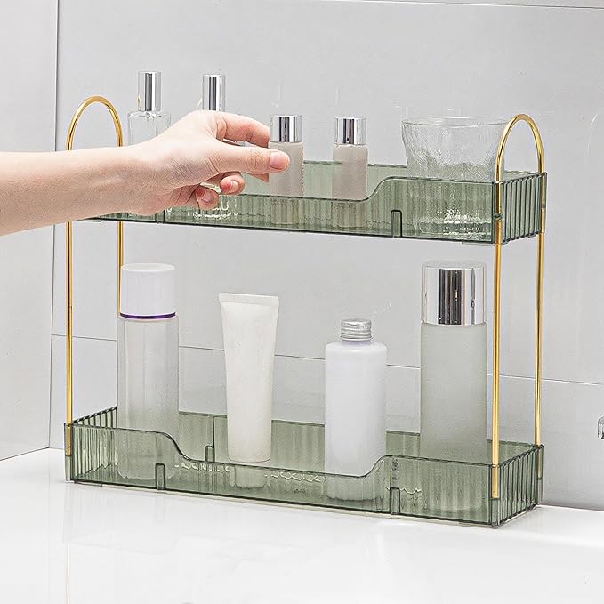YCIA&DONE 2 Tiers Narrow Vanity Makeup Organizer, Bathroom Organizers Countertop Slim, Perfume Holder Skincare Storage Cosmetic Shelf Spice Rack, for Small Desktop Counter Space, Vintage Green-NeatNest