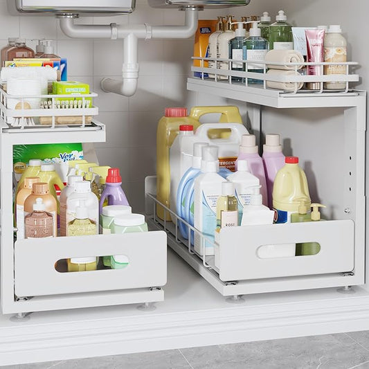 2 Pack 18 IN Depth Under Sink Organizer with Smooth Ball Bearing Slides,2-Tier Pull Out Cabinet Storage,Slide Out Drawers for Bathroom&Kitchen,Rust-resistant Coating,Height Adjustable-White-NeatNest