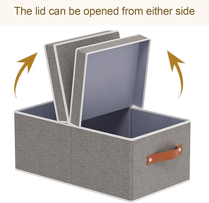 3-Pack Storage Boxes, Foldable Blanket Basket with Detachable Lid, Linen Closet 0rganizers with Double Handles, Collapsible Cubes for Organizing, Grey, 16.1 x 9.8 x 6.5 inch-NeatNest