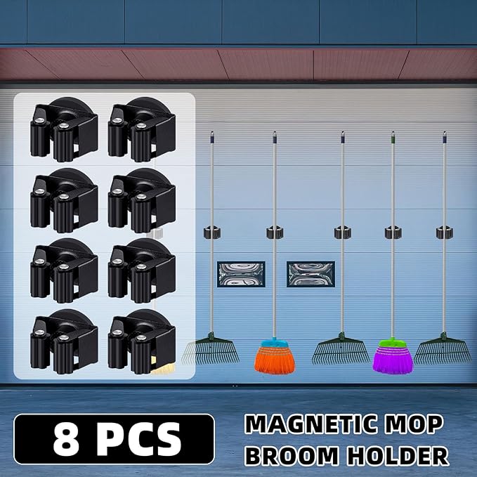 8 Pcs Magnetic Mop Broom Holder Movable Magnetic Broom Holder Rack, Anti Slip Wall Mounted Utility for Cleaning Tools, Garage, Kitchen, Laundry, Garden (Black)
