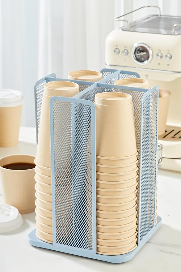 Annova Paper/Plastic Cup and Lid Holder Storage Organizer, 360°Rotating Coffee Cup Dispenser with 4 Compartments, Multifunctional Storage Rack for Home, Office, Bar, Coffee Shop (New Blue)