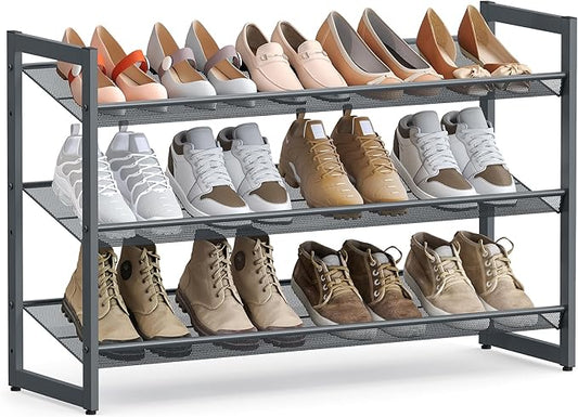 SONGMICS Shoe Rack, 3-Tier Shoe Organizer, Metal Shoe Storage for Garage, Stackable Shoe Shelf, with Adjustable Flat or Angled Shelves, 9-12 Pairs, Charcoal Gray ULMR03GB-NeatNest