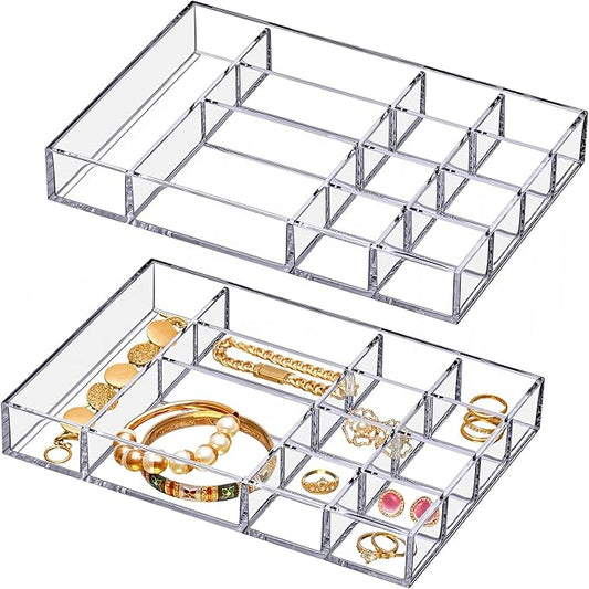 Amazing Abby - Jewel - 2-Pack Acrylic Jewelry Organizer, Plastic Jewelry Tray, Jewelry Case, Trinket Tray, Ring Holder, Perfect Storage Solution for Necklaces, Bracelets, Rings, and More