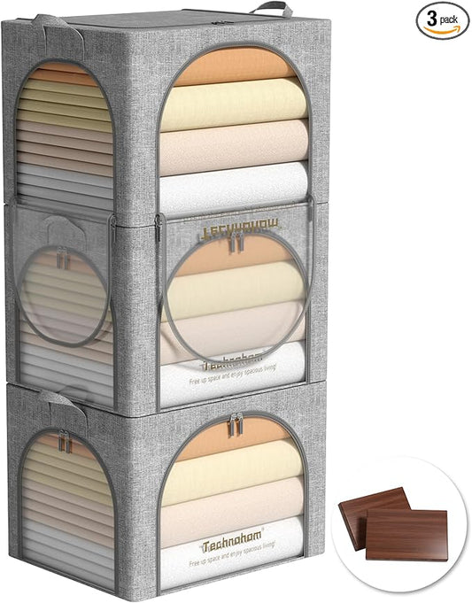Clothes Storage Bins with Lids, 3 Pack Foldable Fabric Storage Bins with Metal Frame, Linen Closet Organizers and Storage Box With Clear Window and Carrying Handles-NeatNest