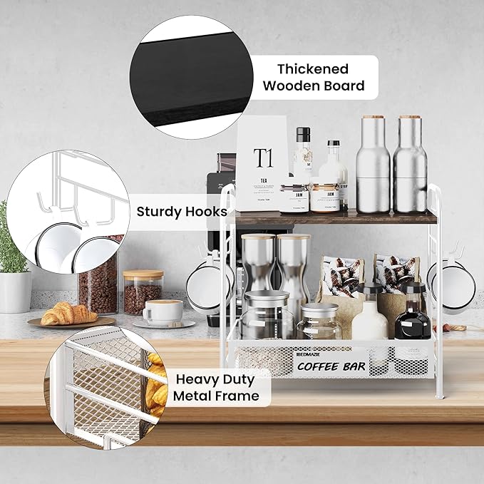 Coffee Bar Organizer for Countertop Station, Simple Assembly 2 Tier Shelf for Home,Office, Coffee Cup Holder Storage Organization for Counter Accessory Storage Rack with 4 Hooks Space-Saving-NeatNest