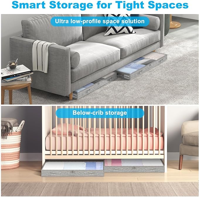 4 Inch Low Profile Under Bed Storage Drawer 2 Pack, Lightweight Underbed Clothes Storage Container Bins with NO STURCTURE, Shallow Storage Bag for Dorm & Home, With Clear Lids and Waterproof Fabric-NeatNest