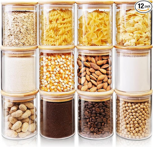 Glass Jars with Bamboo Lids 17 FL OZ [Set of 12], Glass Canisters with Airtight Lids, Glass Food Storage Containers for Spice, Coffee, Sugar, Tea, Candies, Cookies,Best for Kitchen & Pantry-NeatNest