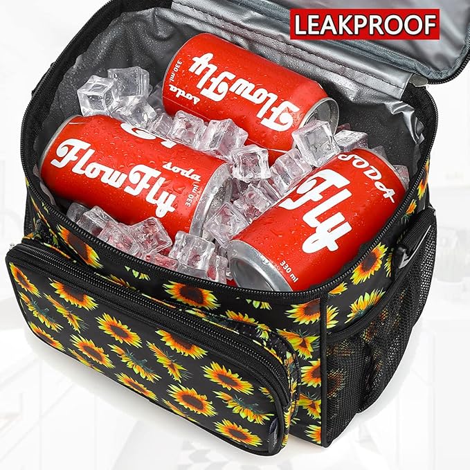 FlowFly Insulated Reusable Lunch Bag Adult Large Lunch Box for Women and Men with Adjustable Shoulder Strap,Front Zipper Pocket and Dual Large Mesh Side Pockets,Sunflower-NeatNest